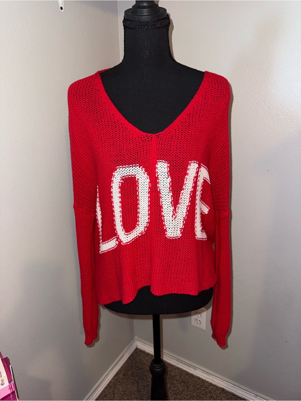 Wooden Ships Red V-Neck Sweater with White LOVE Graphic